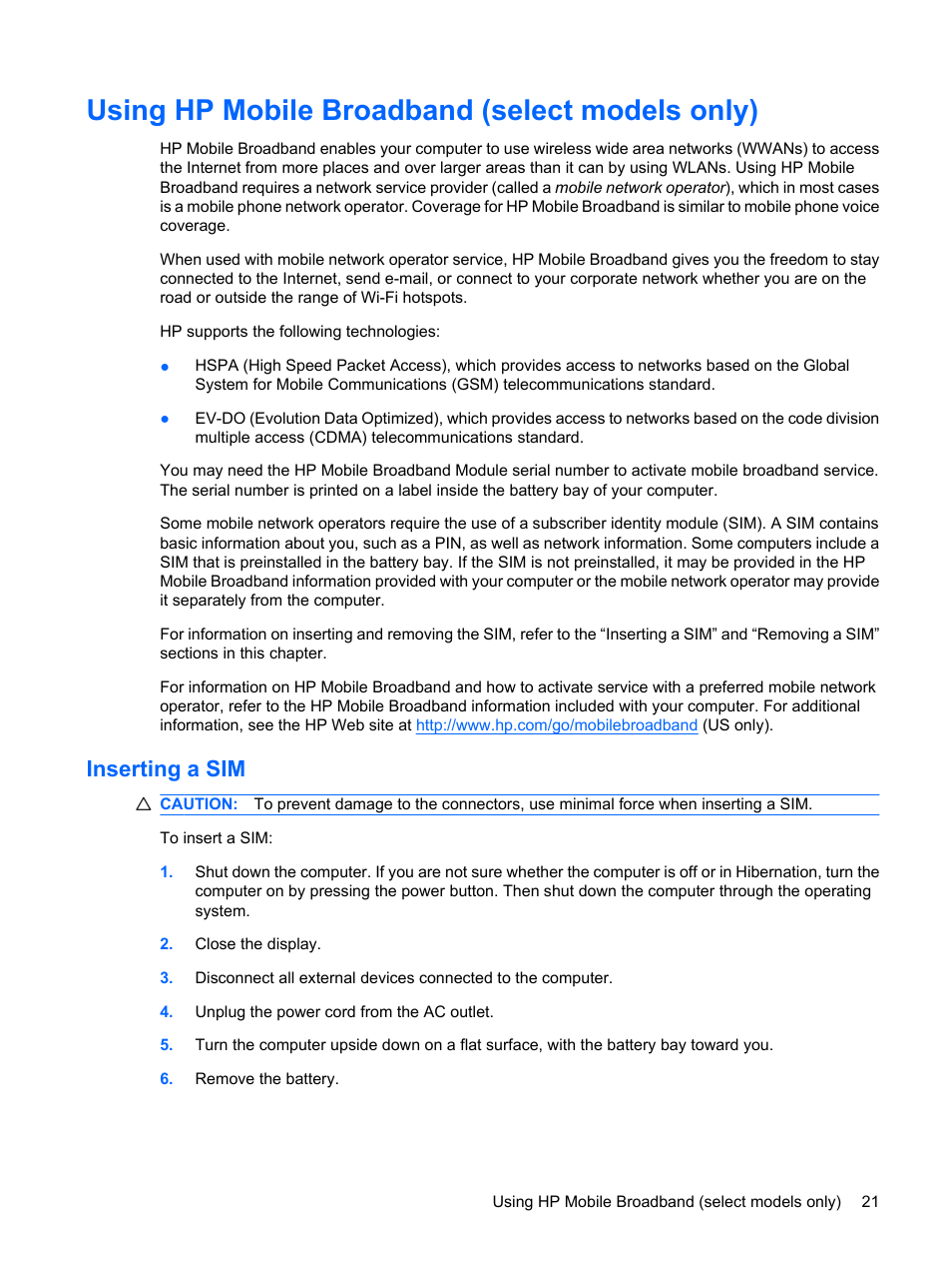 Using hp mobile broadband (select models only), Inserting a sim | HP EliteBook 8540w Mobile Workstation User Manual | Page 33 / 183