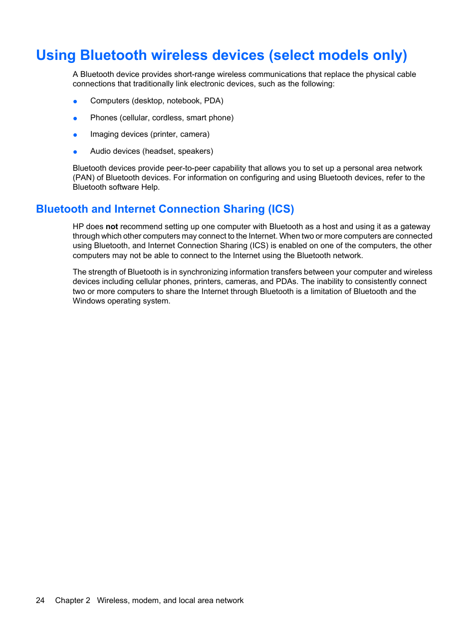 Bluetooth and internet connection sharing (ics) | HP EliteBook 8540w Mobile Workstation User Manual | Page 36 / 183