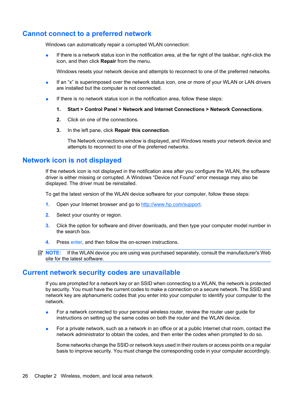 Cannot connect to a preferred network, Network icon is not displayed, Current network security codes are unavailable | HP EliteBook 8540w Mobile Workstation User Manual | Page 38 / 183