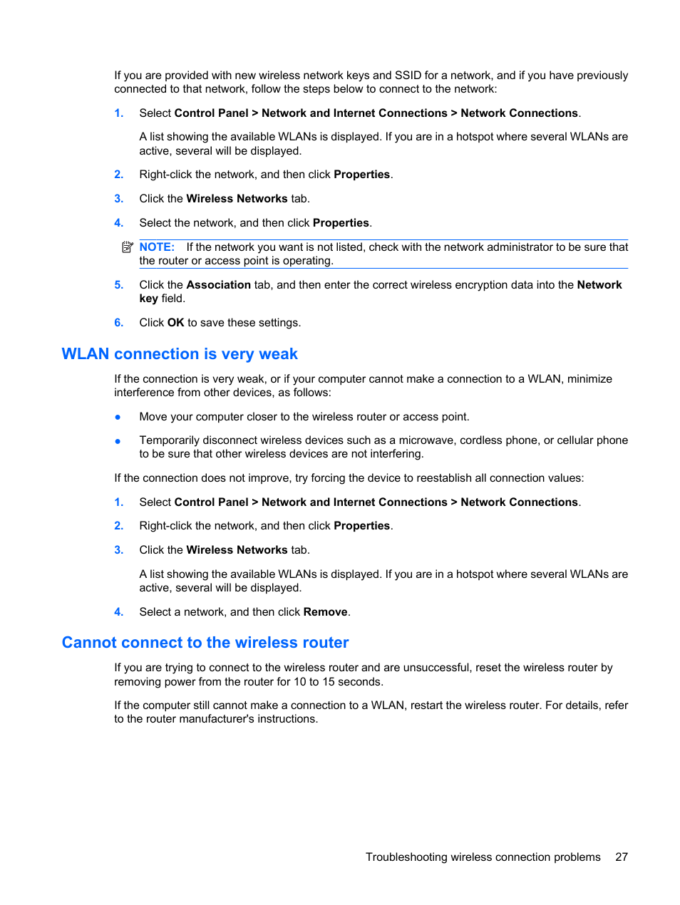 Wlan connection is very weak, Cannot connect to the wireless router | HP EliteBook 8540w Mobile Workstation User Manual | Page 39 / 183