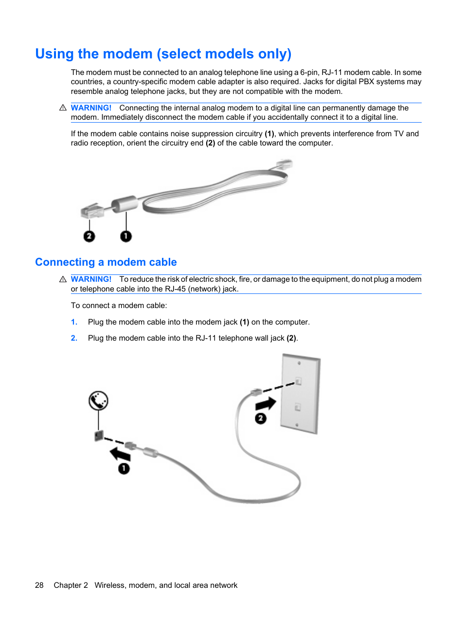 Using the modem (select models only), Connecting a modem cable | HP EliteBook 8540w Mobile Workstation User Manual | Page 40 / 183