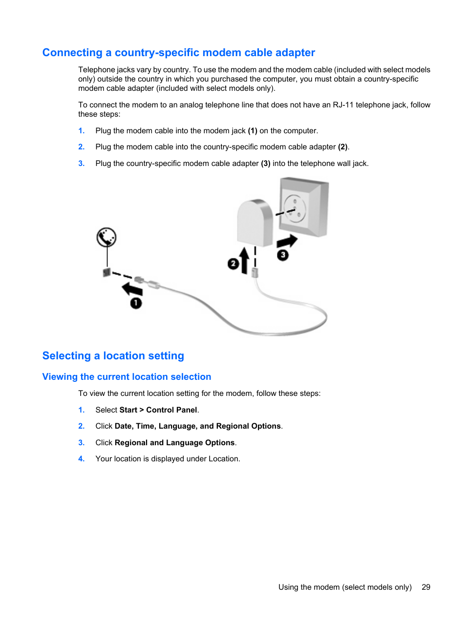 Connecting a country-specific modem cable adapter, Selecting a location setting, Viewing the current location selection | HP EliteBook 8540w Mobile Workstation User Manual | Page 41 / 183