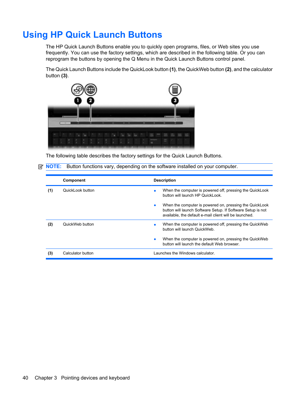 Using hp quick launch buttons | HP EliteBook 8540w Mobile Workstation User Manual | Page 52 / 183