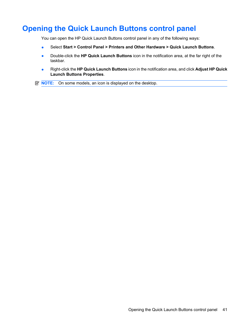 Opening the quick launch buttons control panel | HP EliteBook 8540w Mobile Workstation User Manual | Page 53 / 183