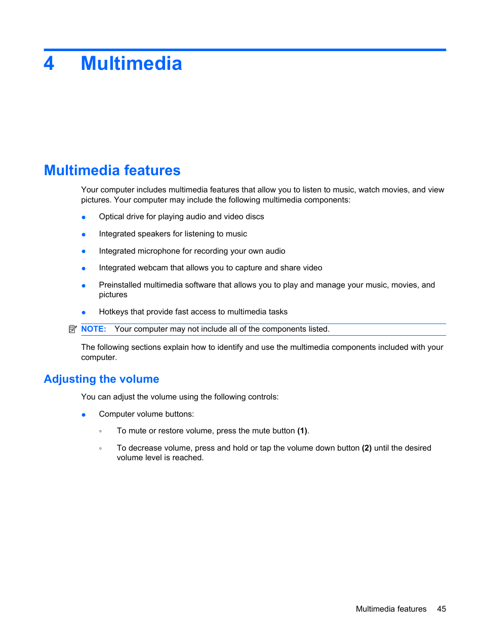 Multimedia, Multimedia features, Adjusting the volume | 4 multimedia, 4multimedia | HP EliteBook 8540w Mobile Workstation User Manual | Page 57 / 183