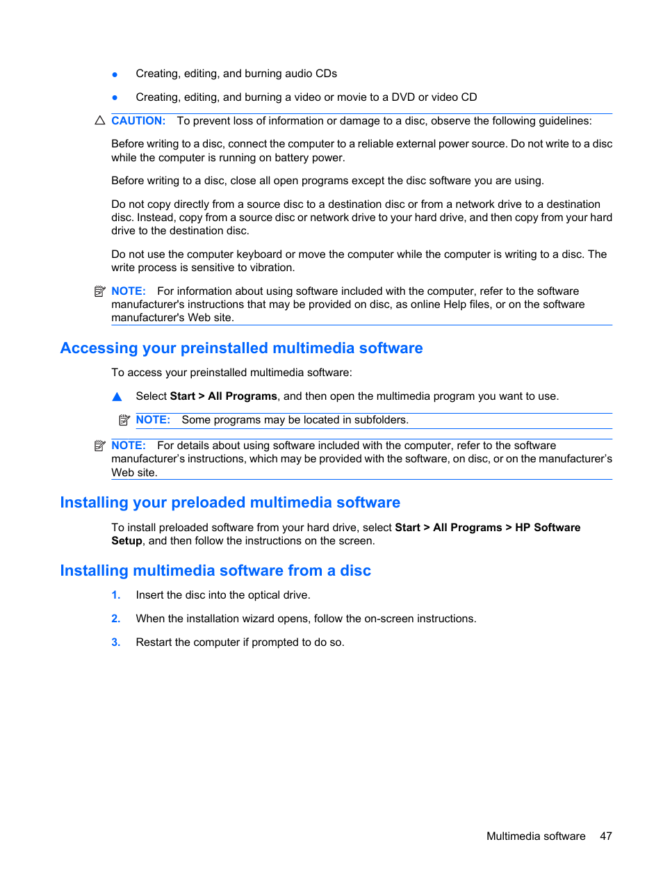 Accessing your preinstalled multimedia software, Installing your preloaded multimedia software, Installing multimedia software from a disc | HP EliteBook 8540w Mobile Workstation User Manual | Page 59 / 183