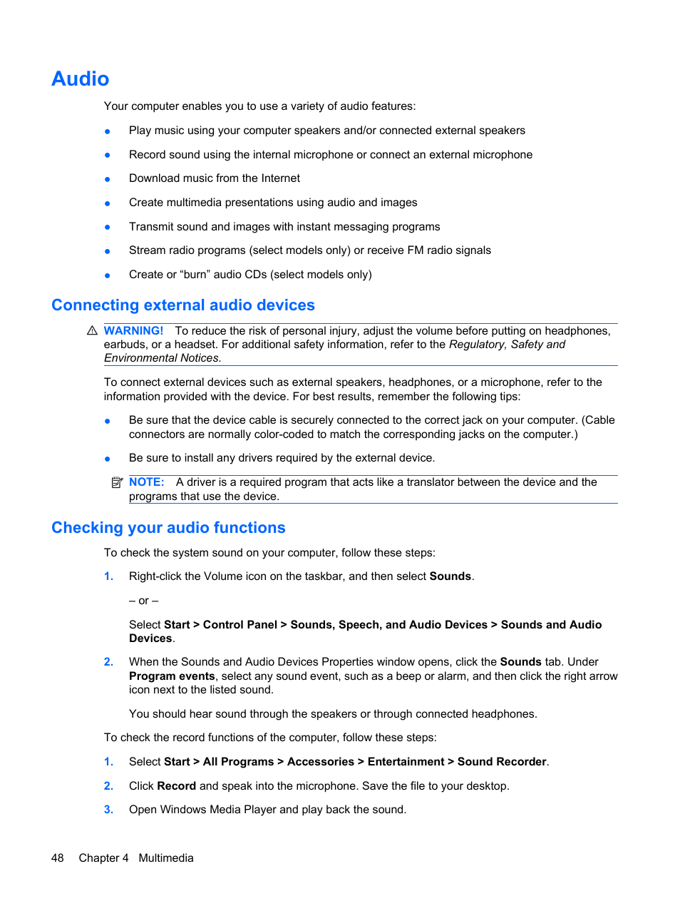 Audio, Connecting external audio devices, Checking your audio functions | HP EliteBook 8540w Mobile Workstation User Manual | Page 60 / 183