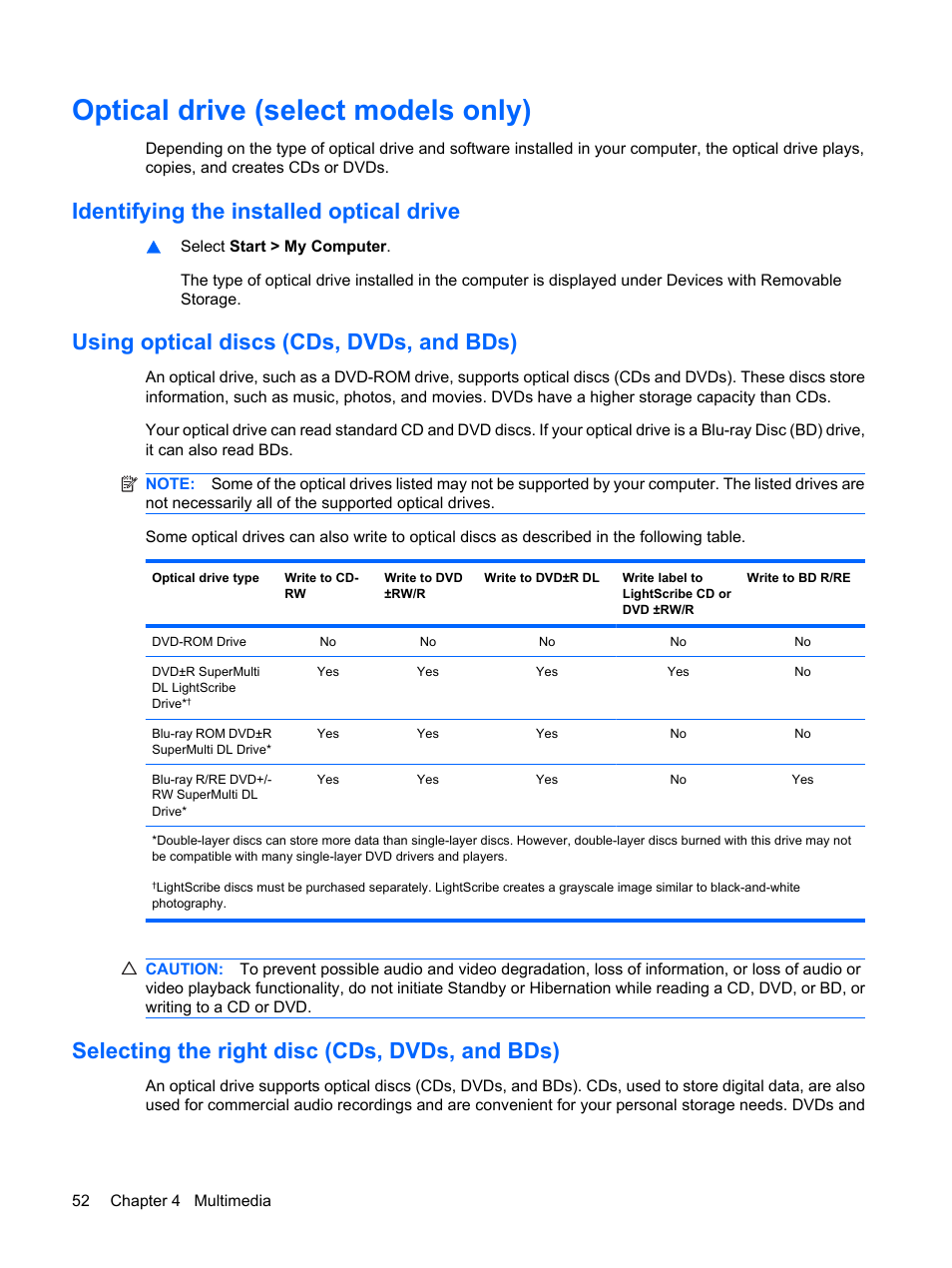 Optical drive (select models only), Identifying the installed optical drive, Using optical discs (cds, dvds, and bds) | Selecting the right disc (cds, dvds, and bds) | HP EliteBook 8540w Mobile Workstation User Manual | Page 64 / 183