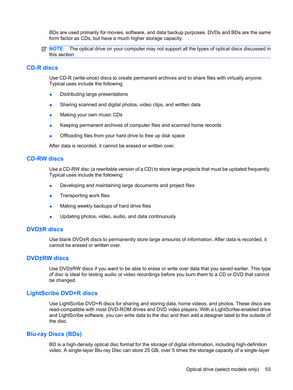 Cd-r discs, Cd-rw discs, Dvd±r discs | Dvd±rw discs, Lightscribe dvd+r discs, Blu-ray discs (bds) | HP EliteBook 8540w Mobile Workstation User Manual | Page 65 / 183