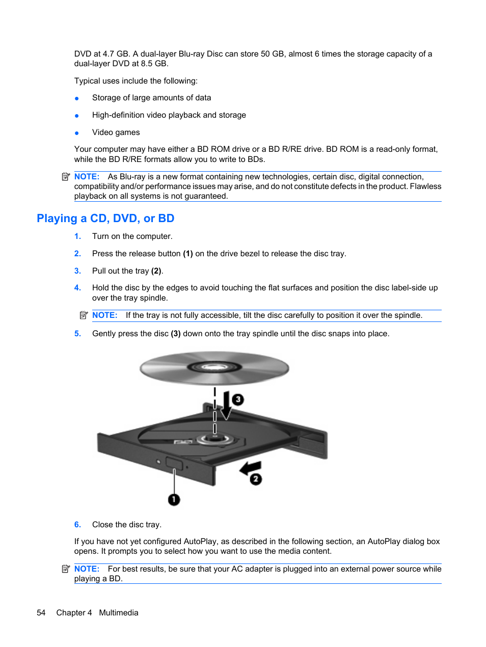 Playing a cd, dvd, or bd | HP EliteBook 8540w Mobile Workstation User Manual | Page 66 / 183