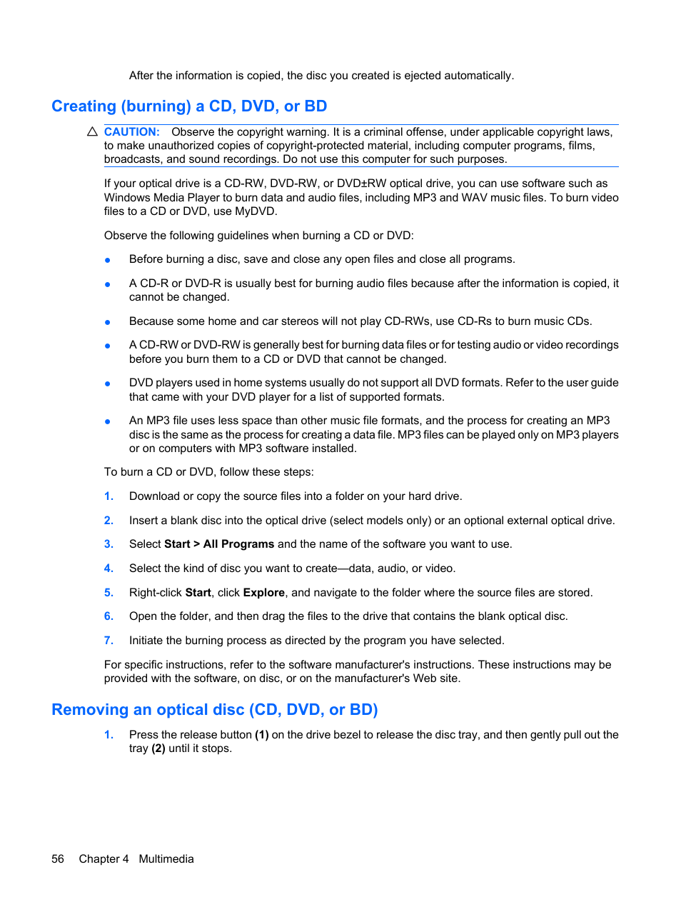 Creating (burning) a cd, dvd, or bd, Removing an optical disc (cd, dvd, or bd) | HP EliteBook 8540w Mobile Workstation User Manual | Page 68 / 183
