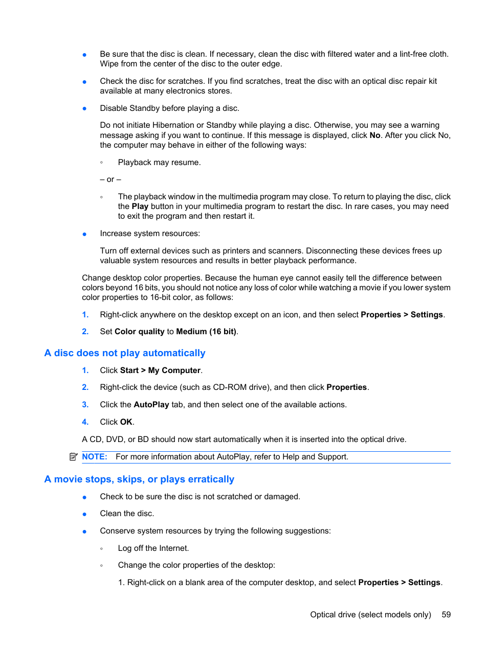 A disc does not play automatically, A movie stops, skips, or plays erratically | HP EliteBook 8540w Mobile Workstation User Manual | Page 71 / 183