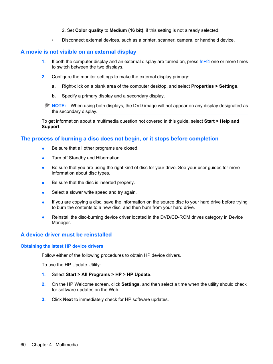 A movie is not visible on an external display, A device driver must be reinstalled, Obtaining the latest hp device drivers | HP EliteBook 8540w Mobile Workstation User Manual | Page 72 / 183