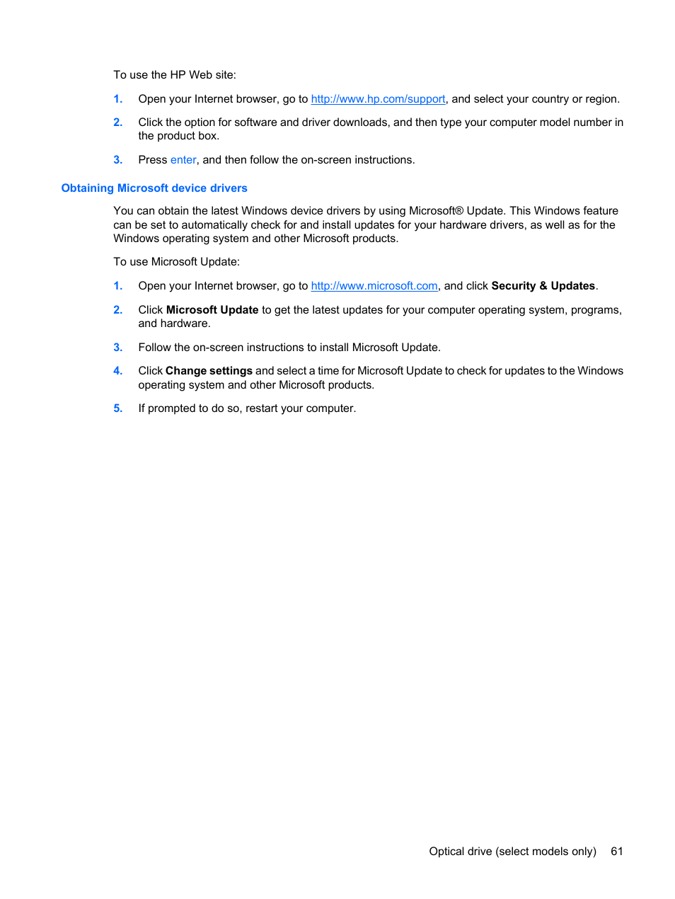 Obtaining microsoft device drivers | HP EliteBook 8540w Mobile Workstation User Manual | Page 73 / 183