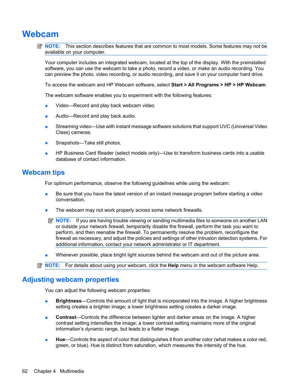 Webcam, Webcam tips, Adjusting webcam properties | HP EliteBook 8540w Mobile Workstation User Manual | Page 74 / 183