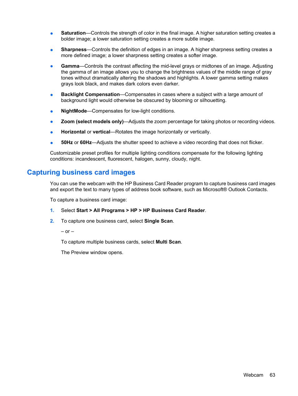 Capturing business card images | HP EliteBook 8540w Mobile Workstation User Manual | Page 75 / 183