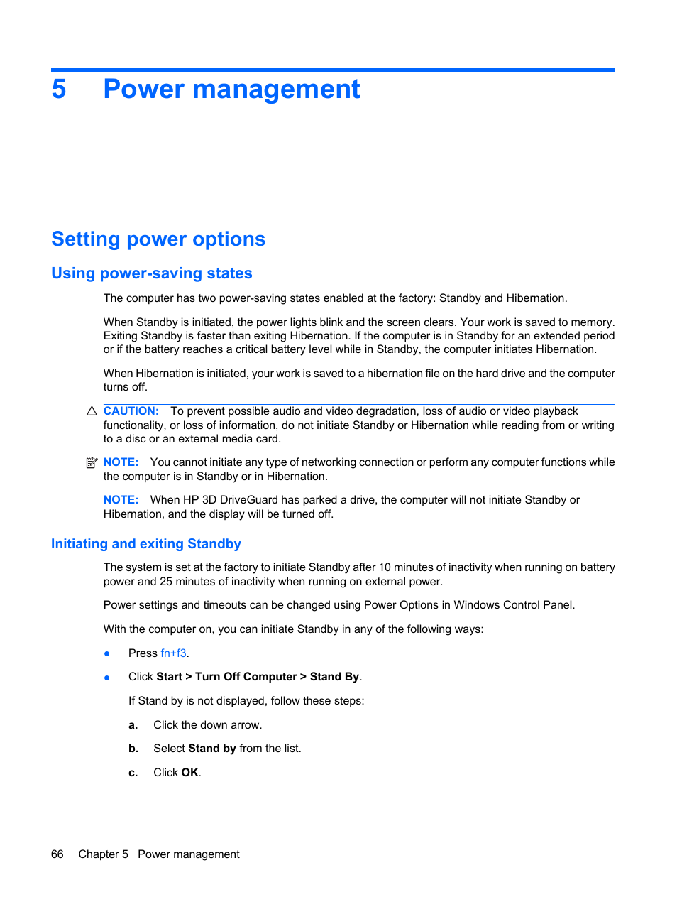 Power management, Setting power options, Using power-saving states | Initiating and exiting standby, 5 power management, 5power management | HP EliteBook 8540w Mobile Workstation User Manual | Page 78 / 183