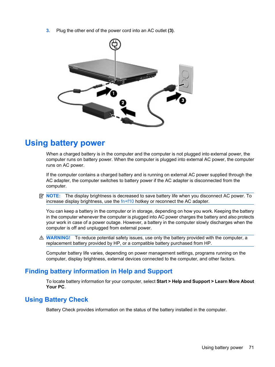 Using battery power, Finding battery information in help and support, Using battery check | HP EliteBook 8540w Mobile Workstation User Manual | Page 83 / 183