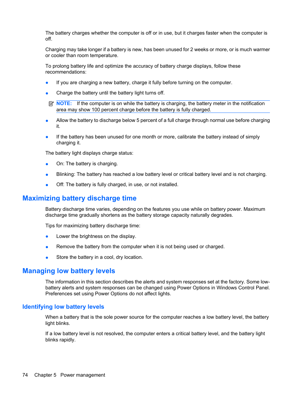 Maximizing battery discharge time, Managing low battery levels, Identifying low battery levels | HP EliteBook 8540w Mobile Workstation User Manual | Page 86 / 183