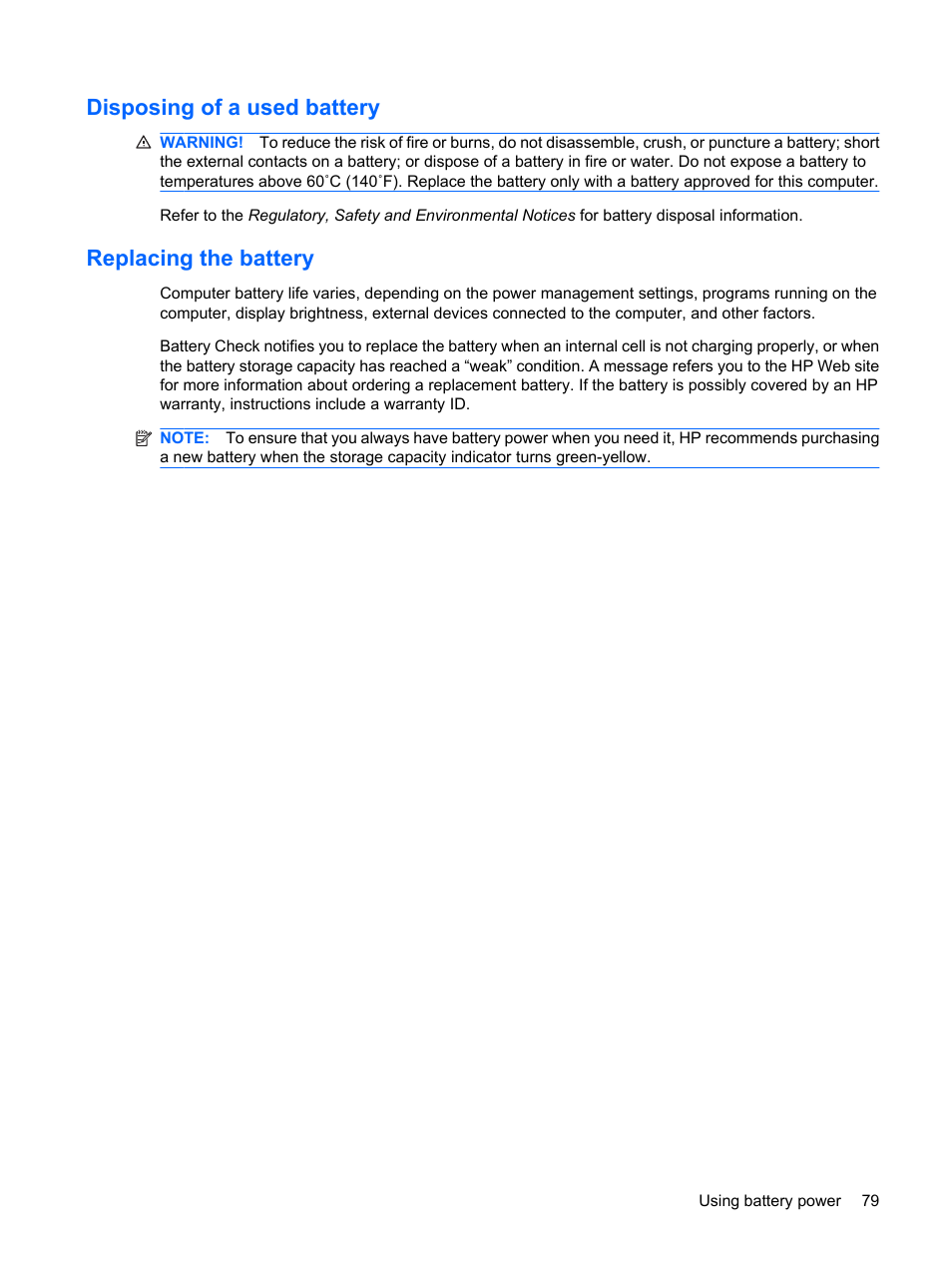 Disposing of a used battery, Replacing the battery, Disposing of a used battery replacing the battery | HP EliteBook 8540w Mobile Workstation User Manual | Page 91 / 183