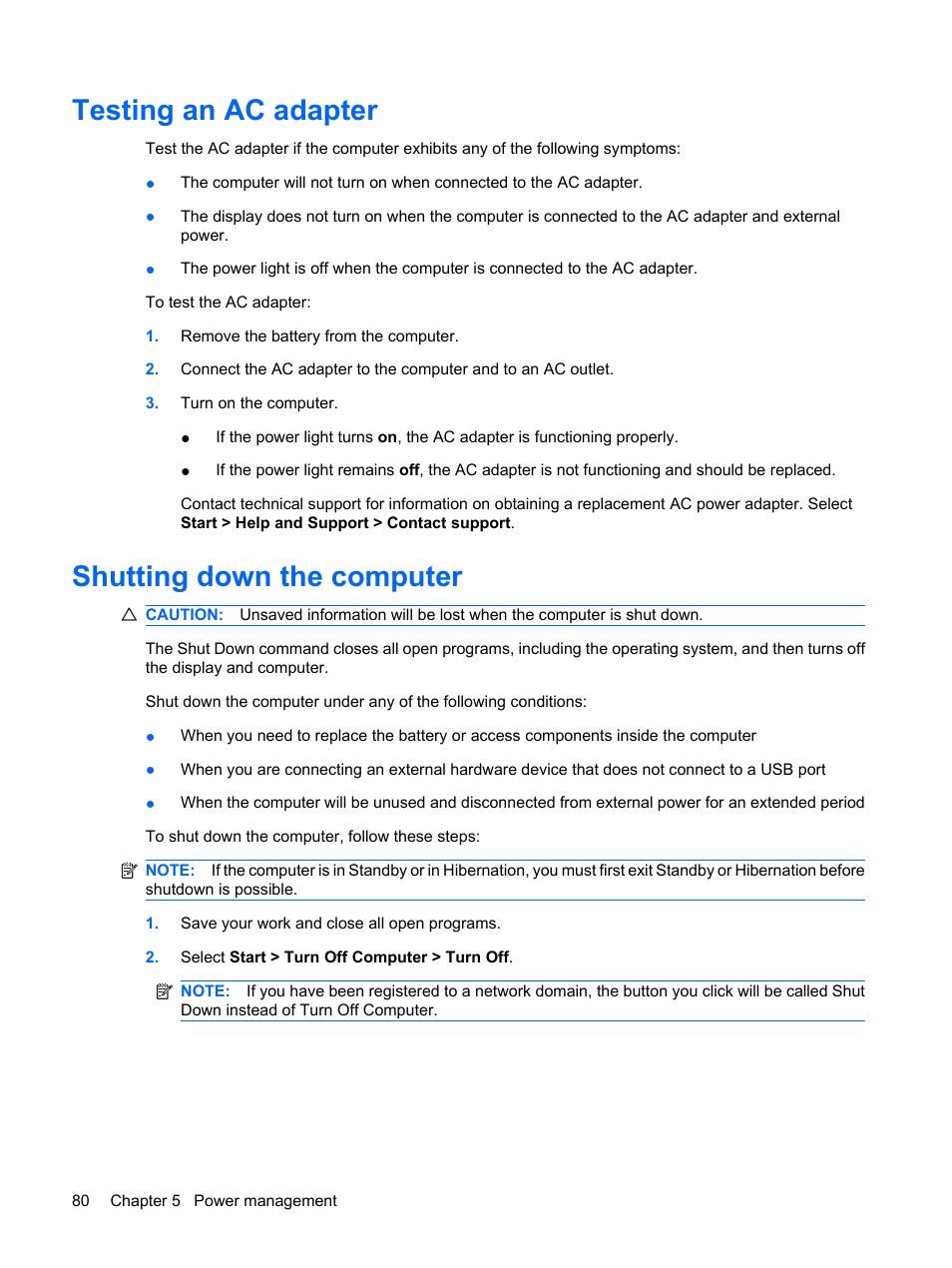 Testing an ac adapter, Shutting down the computer | HP EliteBook 8540w Mobile Workstation User Manual | Page 92 / 183