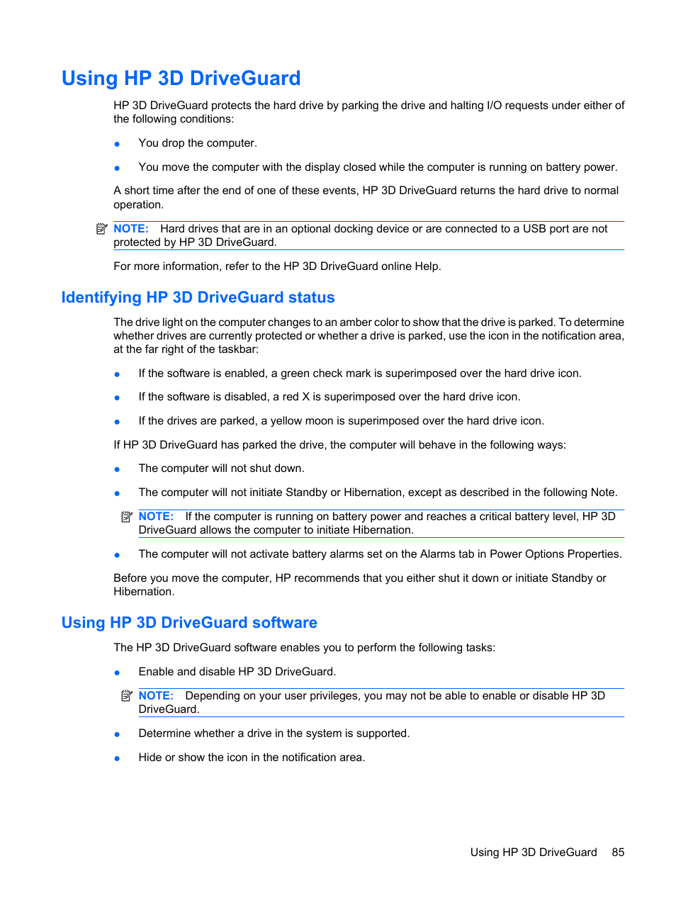 Using hp 3d driveguard, Identifying hp 3d driveguard status, Using hp 3d driveguard software | HP EliteBook 8540w Mobile Workstation User Manual | Page 97 / 183