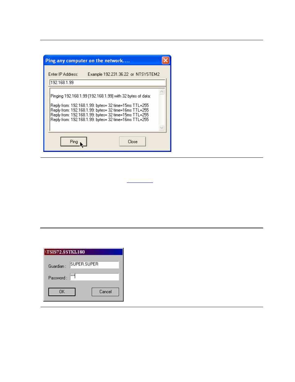 Figure 6-2, Main tab - ping utility, Figure 6-3 | Nsk user id and password dialog box, Ping, Nonstop os user id and password | HP Integrity NonStop H-Series User Manual | Page 95 / 234