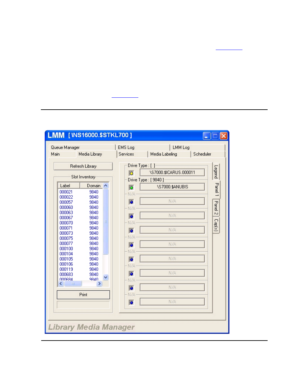 Figure 6-5, Media library tab - panels, Legend tab | Panel tabs | HP Integrity NonStop H-Series User Manual | Page 97 / 234