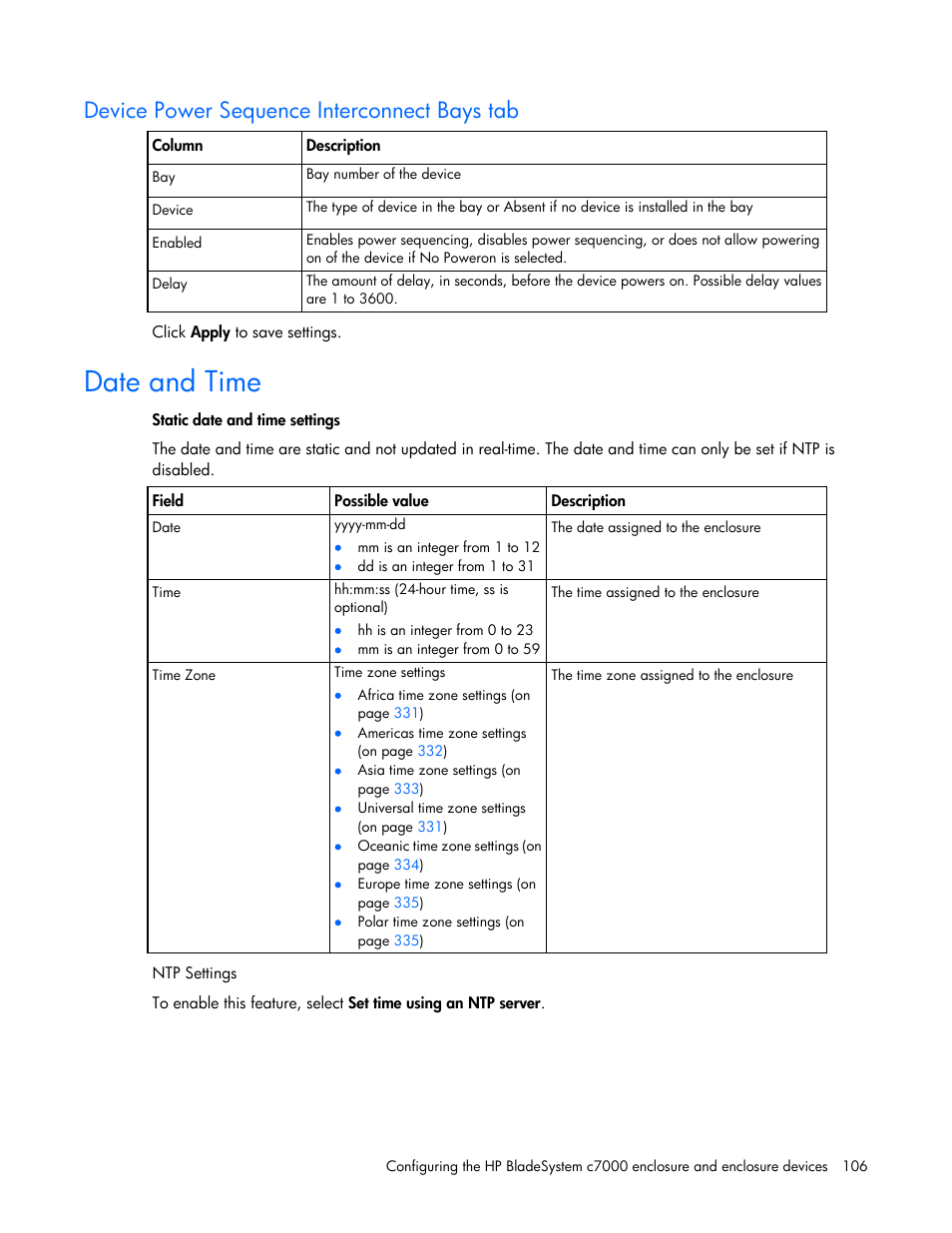 Device power sequence interconnect bays tab, Date and time | HP Onboard Administrator User Manual | Page 106 / 347