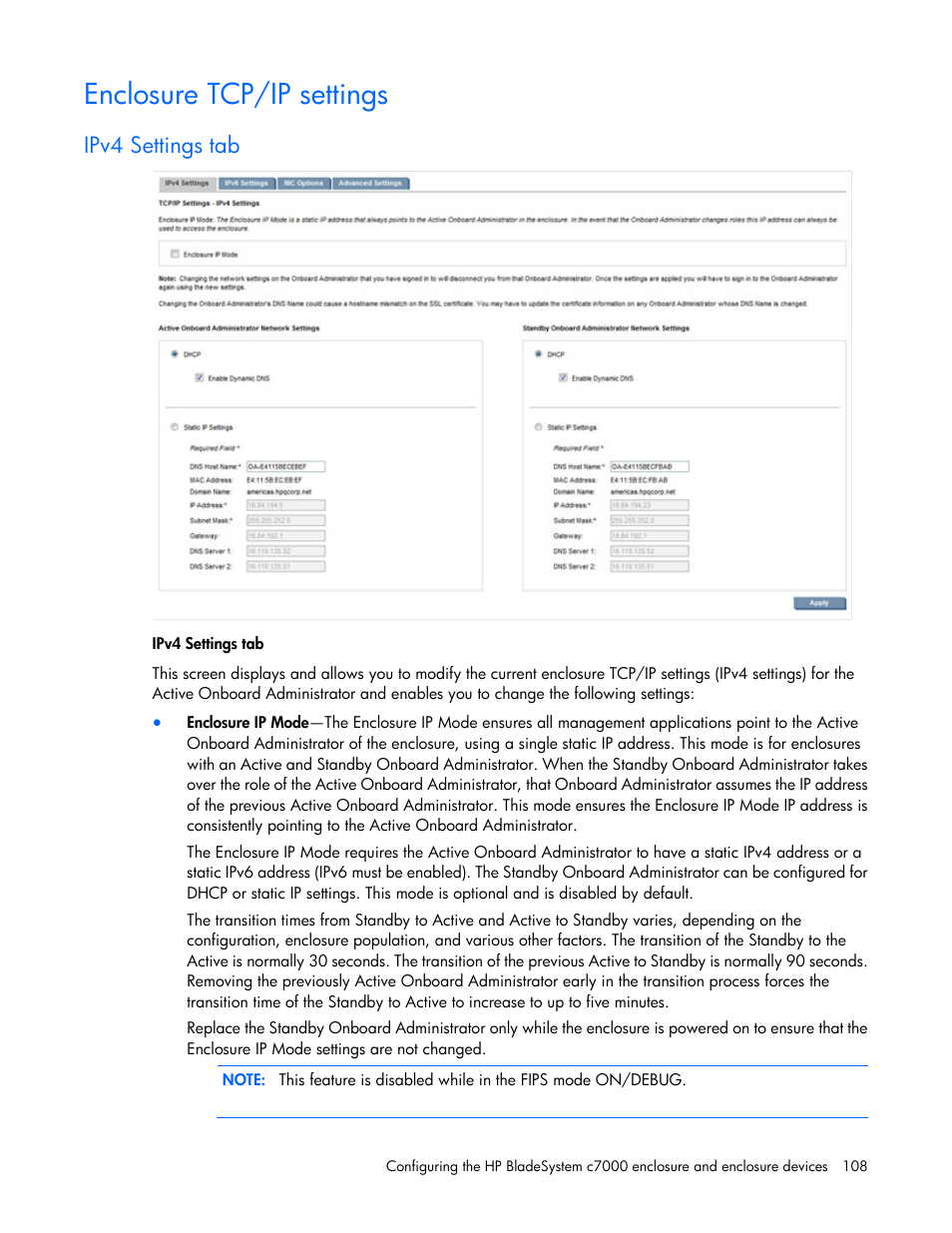 Enclosure tcp/ip settings, Ipv4 settings tab | HP Onboard Administrator User Manual | Page 108 / 347