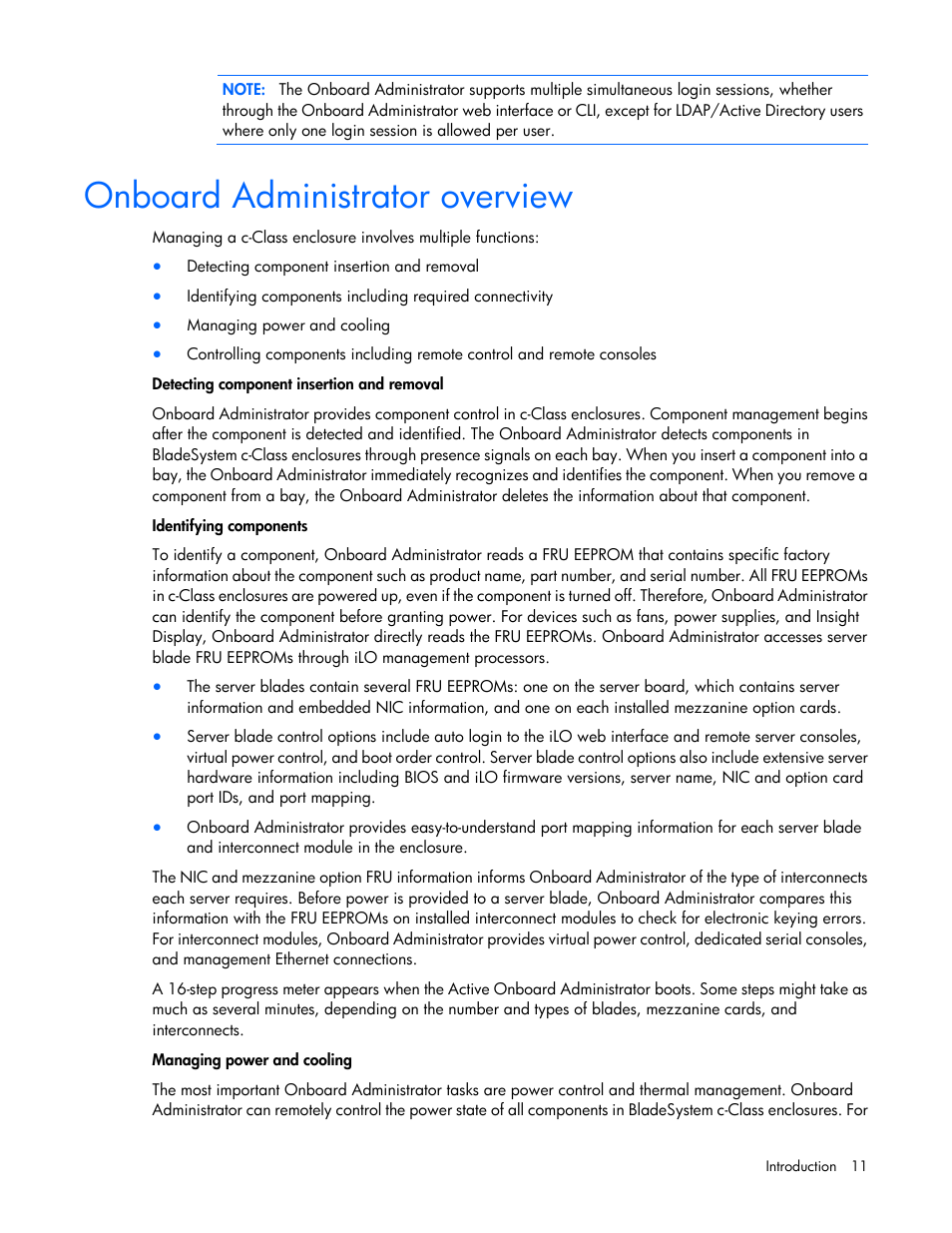 Onboard administrator overview | HP Onboard Administrator User Manual | Page 11 / 347