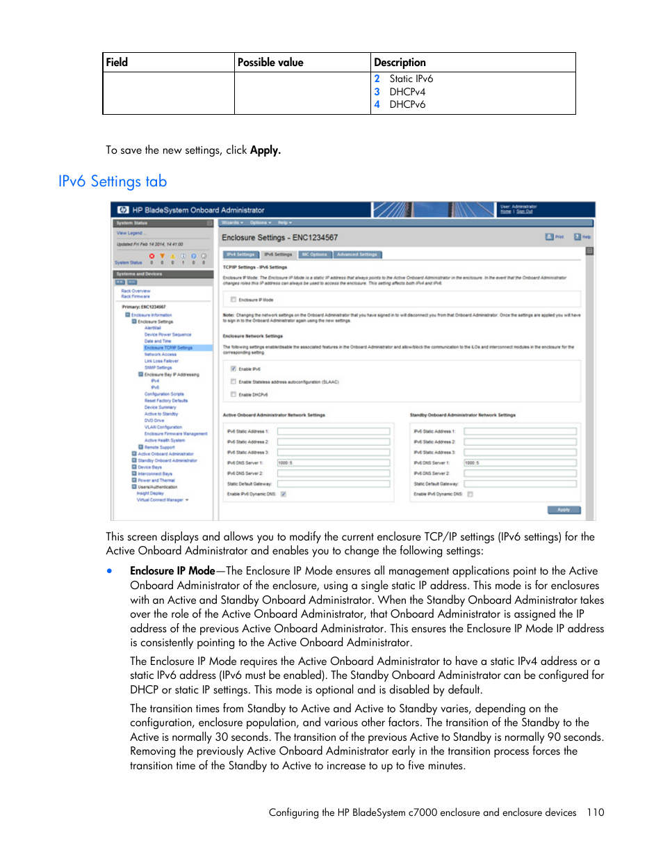 Ipv6 settings tab | HP Onboard Administrator User Manual | Page 110 / 347