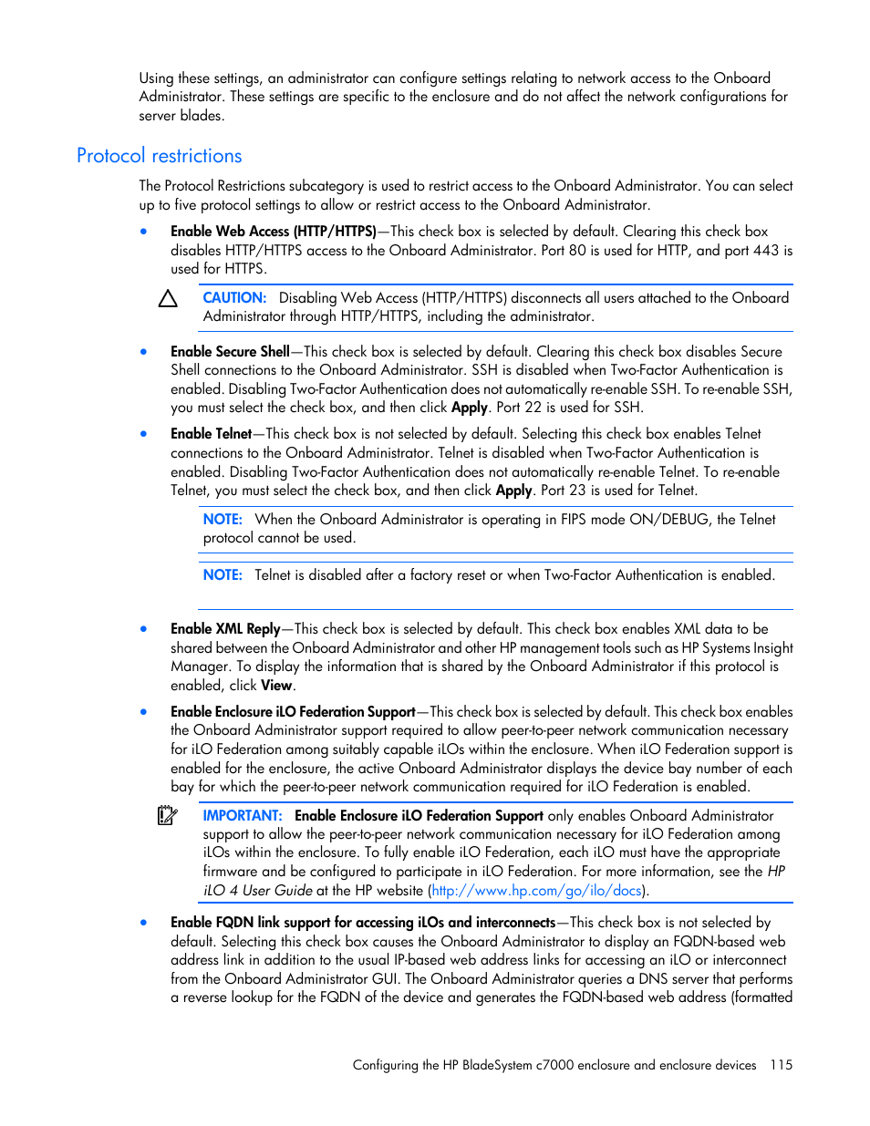Protocol restrictions | HP Onboard Administrator User Manual | Page 115 / 347