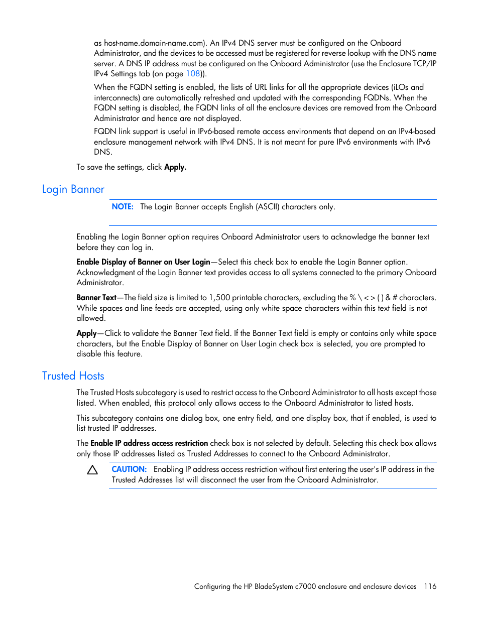 Login banner, Trusted hosts | HP Onboard Administrator User Manual | Page 116 / 347