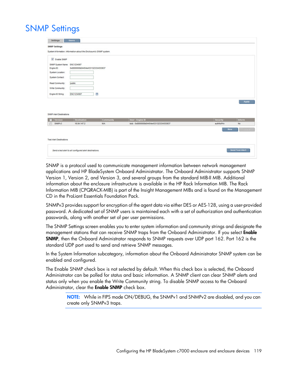 Snmp settings | HP Onboard Administrator User Manual | Page 119 / 347