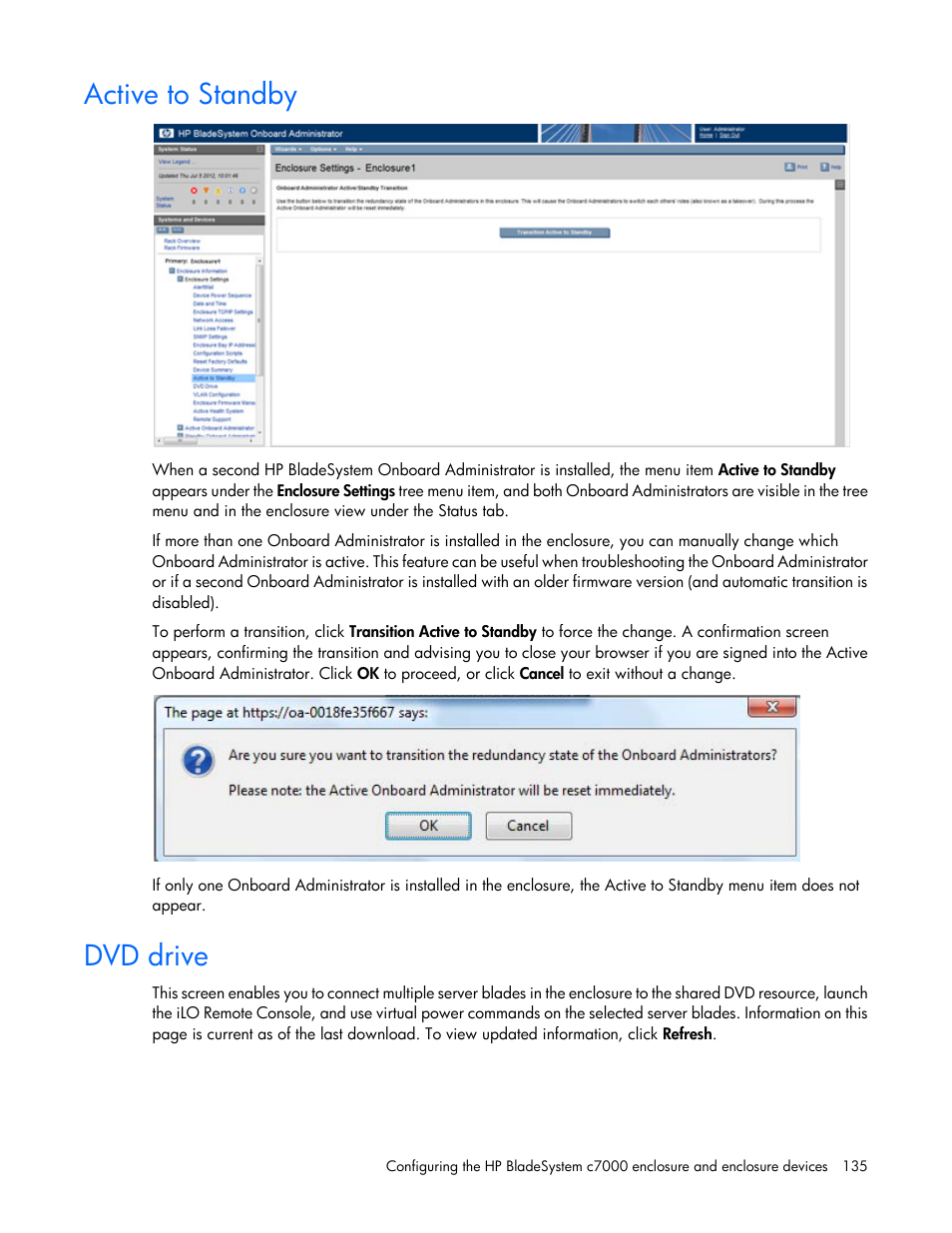 Active to standby, Dvd drive | HP Onboard Administrator User Manual | Page 135 / 347