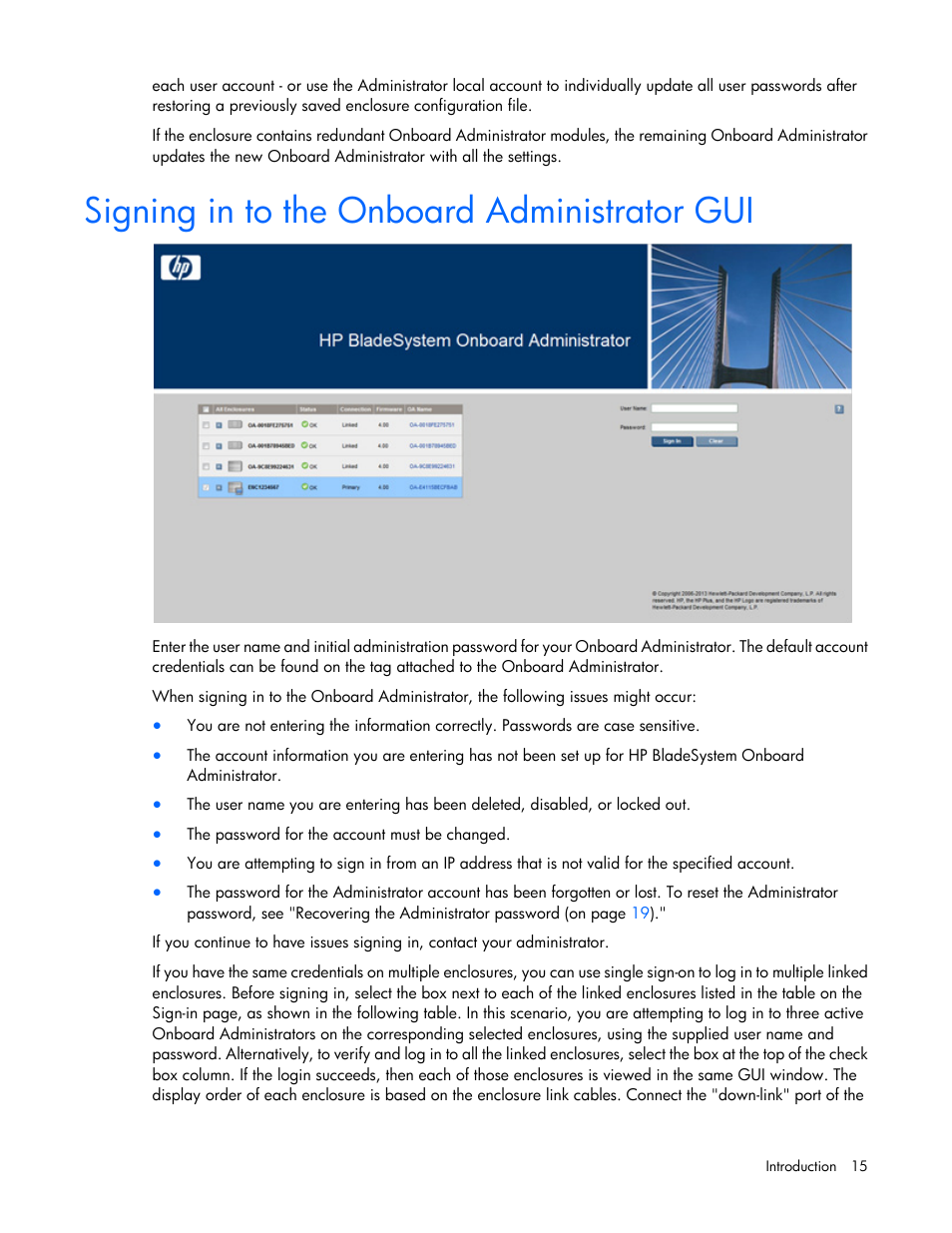Signing in to the onboard administrator gui | HP Onboard Administrator User Manual | Page 15 / 347