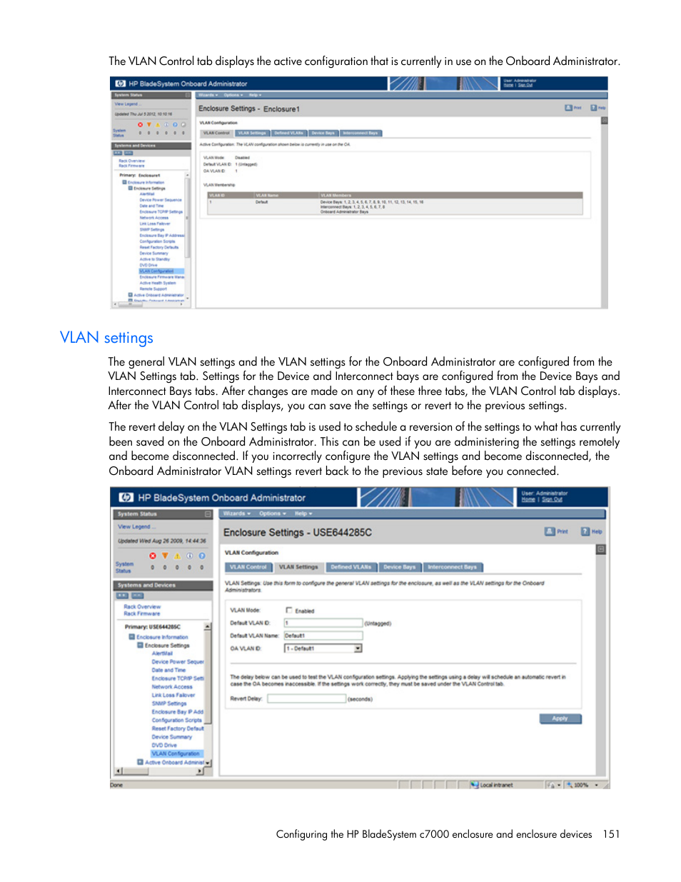 Vlan settings | HP Onboard Administrator User Manual | Page 151 / 347