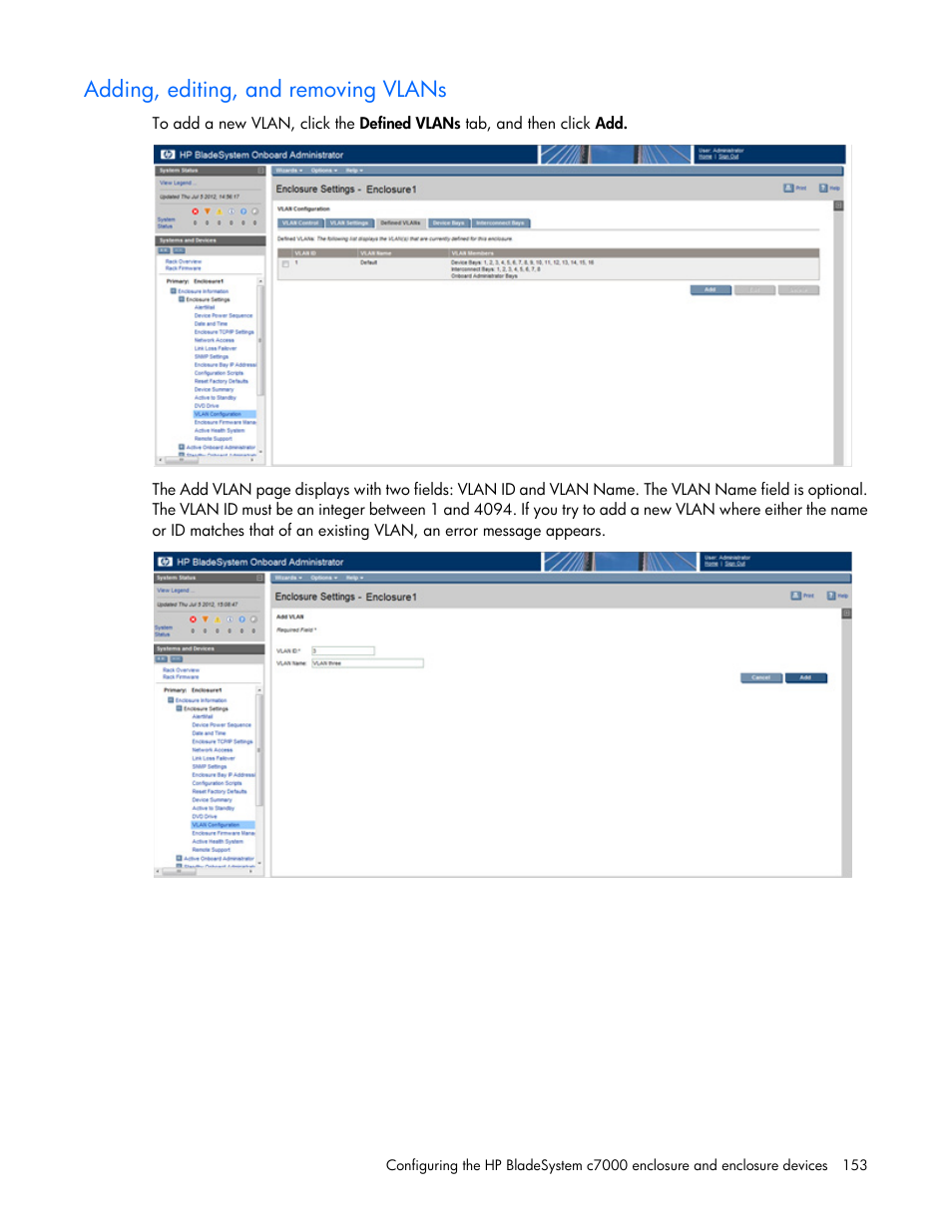 Adding, editing, and removing vlans | HP Onboard Administrator User Manual | Page 153 / 347