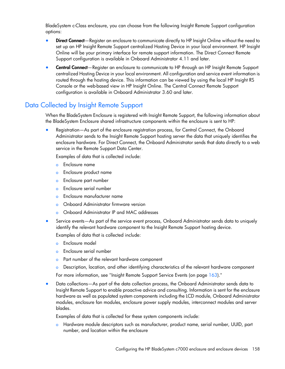Data collected by insight remote support | HP Onboard Administrator User Manual | Page 158 / 347