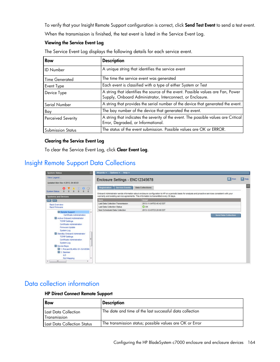 Insight remote support data collections, Data collection information | HP Onboard Administrator User Manual | Page 164 / 347