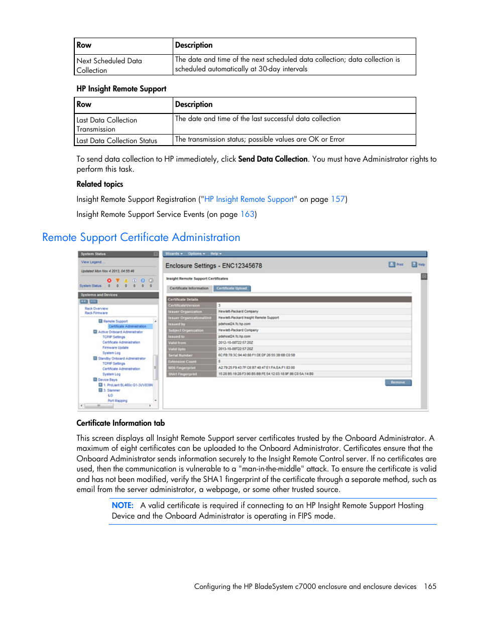 Remote support certificate administration | HP Onboard Administrator User Manual | Page 165 / 347