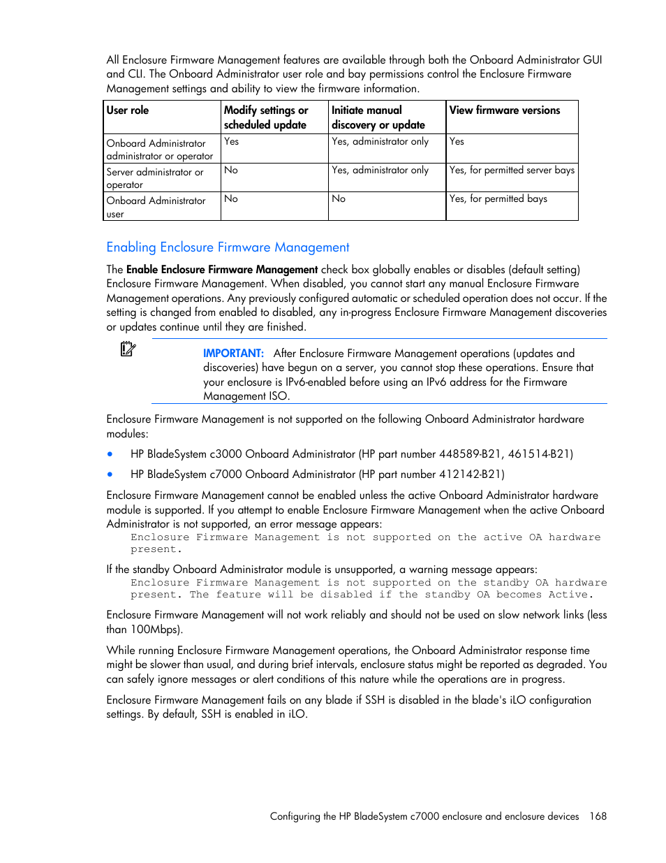 Enabling enclosure firmware management | HP Onboard Administrator User Manual | Page 168 / 347