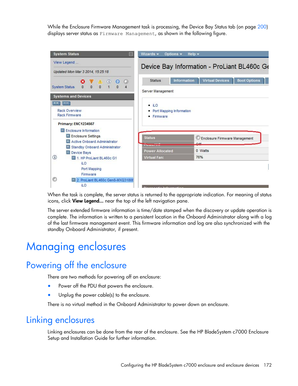 Managing enclosures, Powering off the enclosure, Linking enclosures | HP Onboard Administrator User Manual | Page 172 / 347