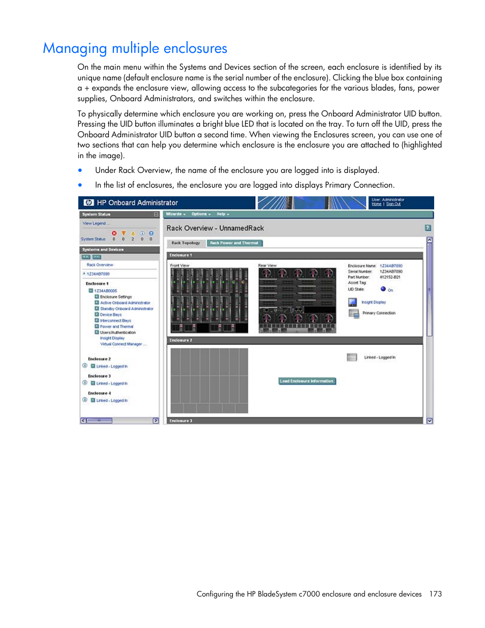 Managing multiple enclosures | HP Onboard Administrator User Manual | Page 173 / 347
