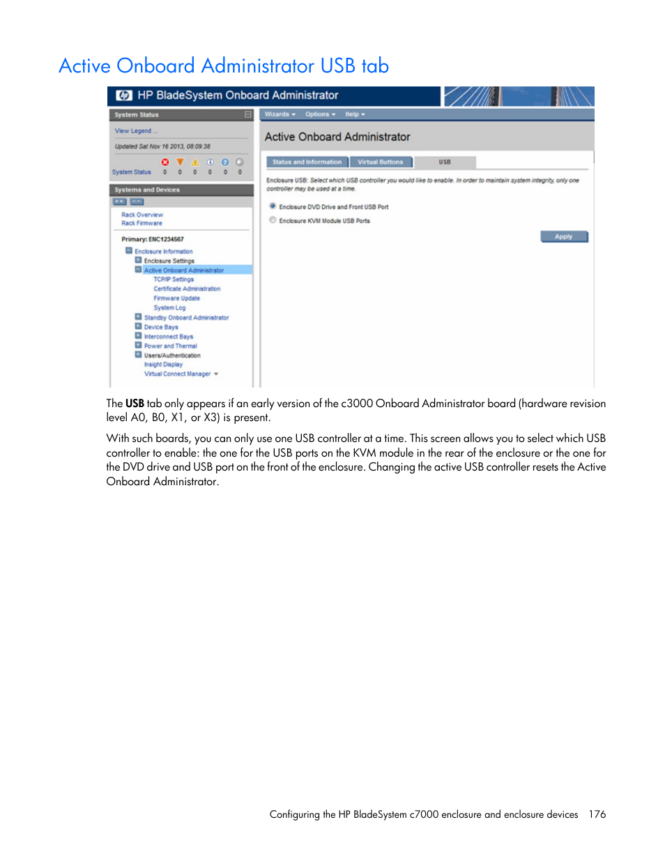 Active onboard administrator usb tab | HP Onboard Administrator User Manual | Page 176 / 347