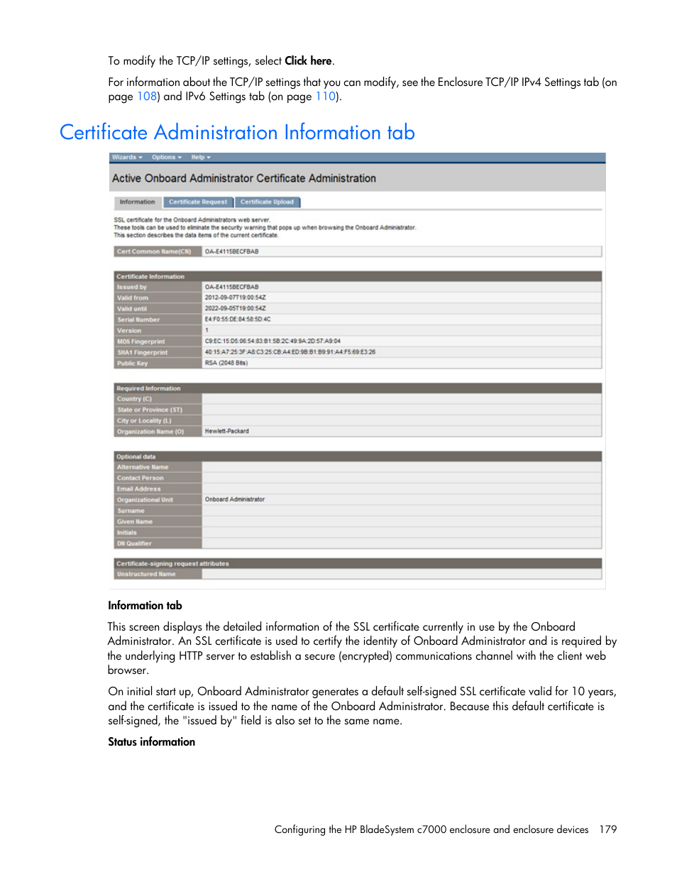 Certificate administration information tab | HP Onboard Administrator User Manual | Page 179 / 347