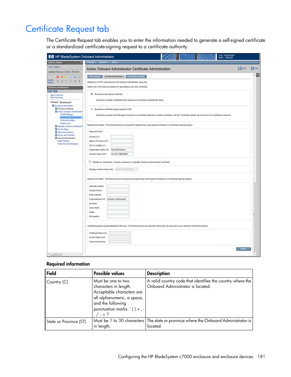 Certificate request tab | HP Onboard Administrator User Manual | Page 181 / 347