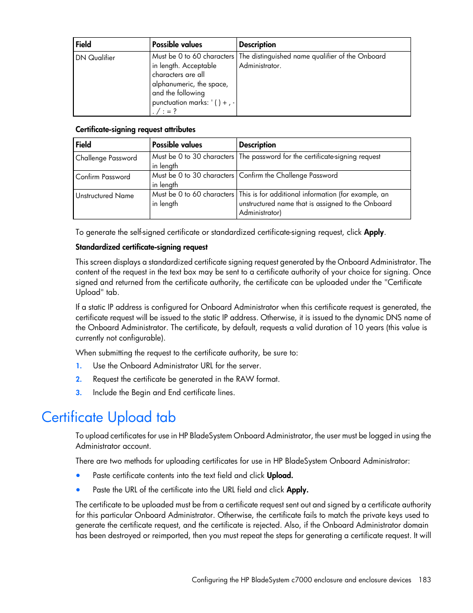 Certificate upload tab | HP Onboard Administrator User Manual | Page 183 / 347