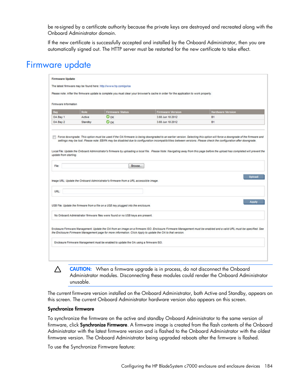 Firmware update | HP Onboard Administrator User Manual | Page 184 / 347